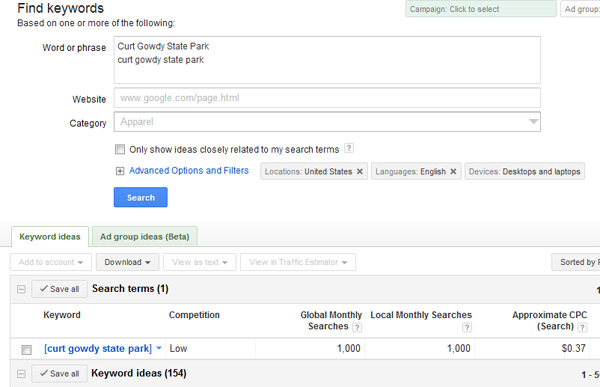 Google Keyword Tool Results